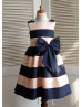 Pink Navy Blue Stripe Taffeta Knee Length Flower Girl Dress